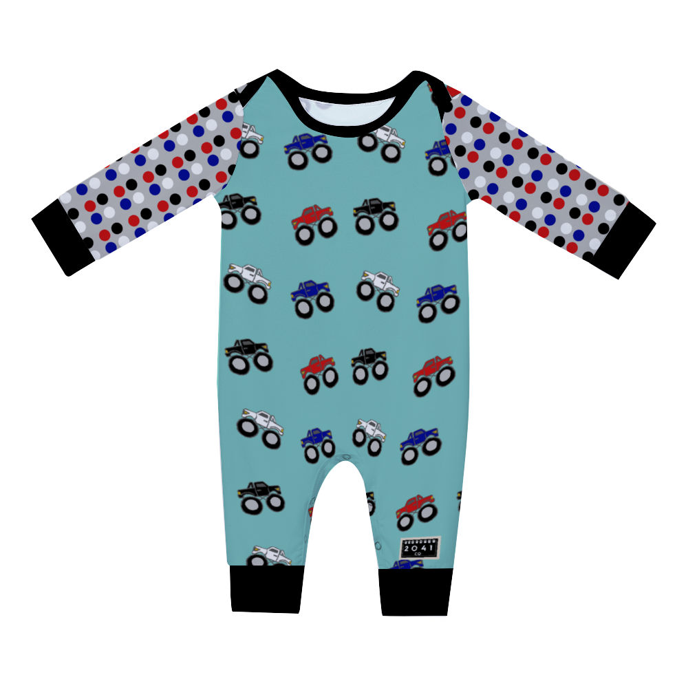 2041 CO BABY LONG ROMPER | MONSTER TRUCK MADNESS